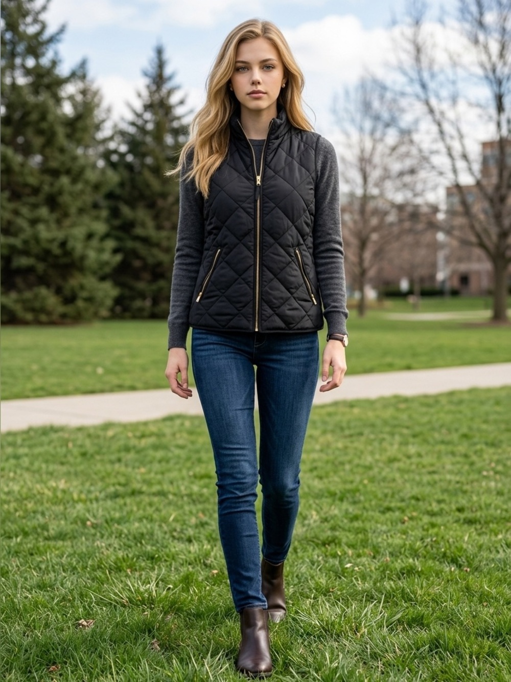 Crown & Ivy Black Quilted Zip Vest with Gold Hardware Size M